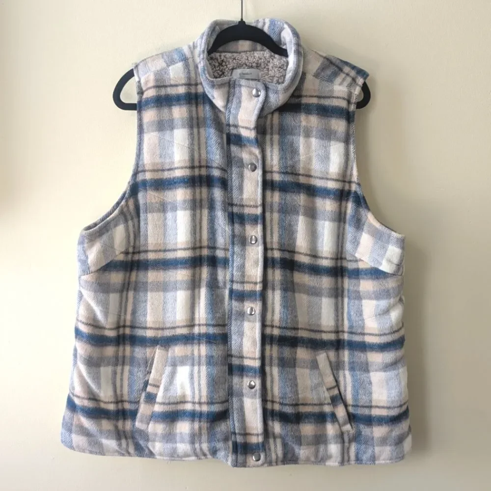 Christopher Banks Blue Tan Plaid Cozy Vest with Sherpa Lining Size 2X